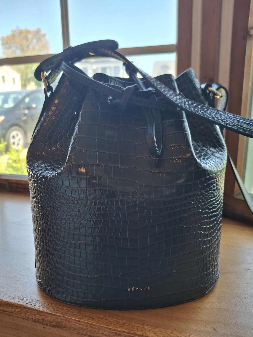 Sézane Farrow Denim Croc-Embossed Bucket Shoulder Bag. NWT